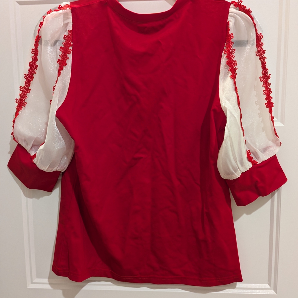 Gracia Red and White Embellished Blouse with Cuffed Sleeves